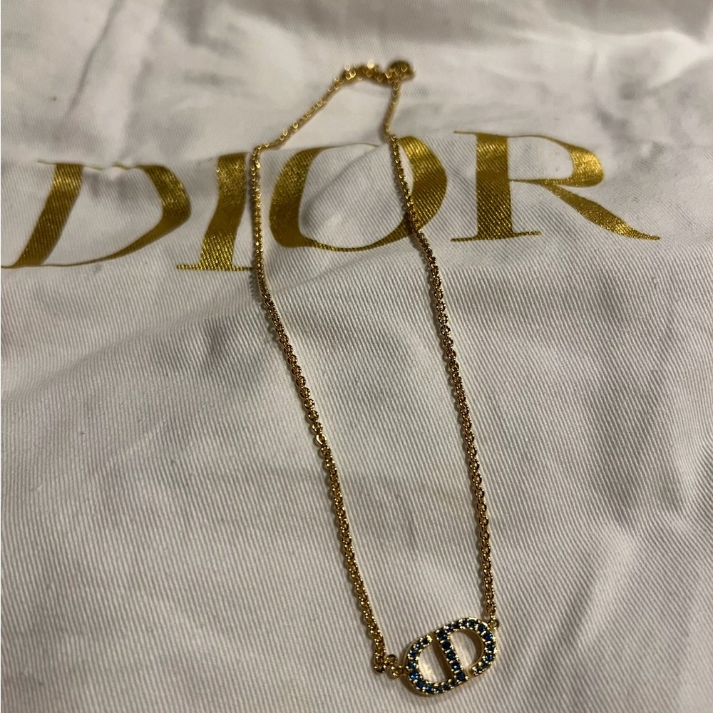 Dior petite CD logo Gold Necklace with Blue crystals